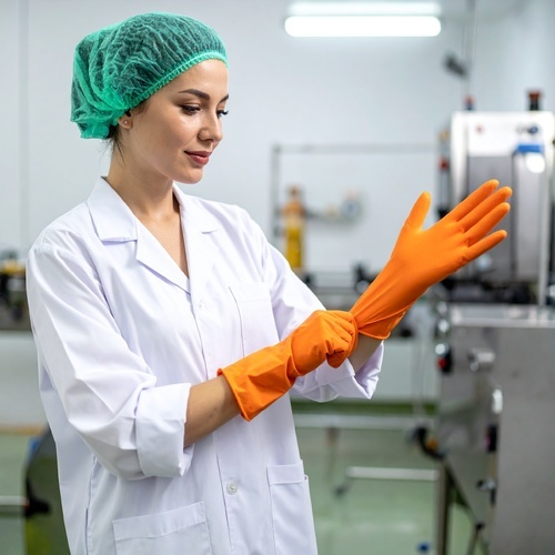 Food Manufacturing Worker putting on orange gloves-1