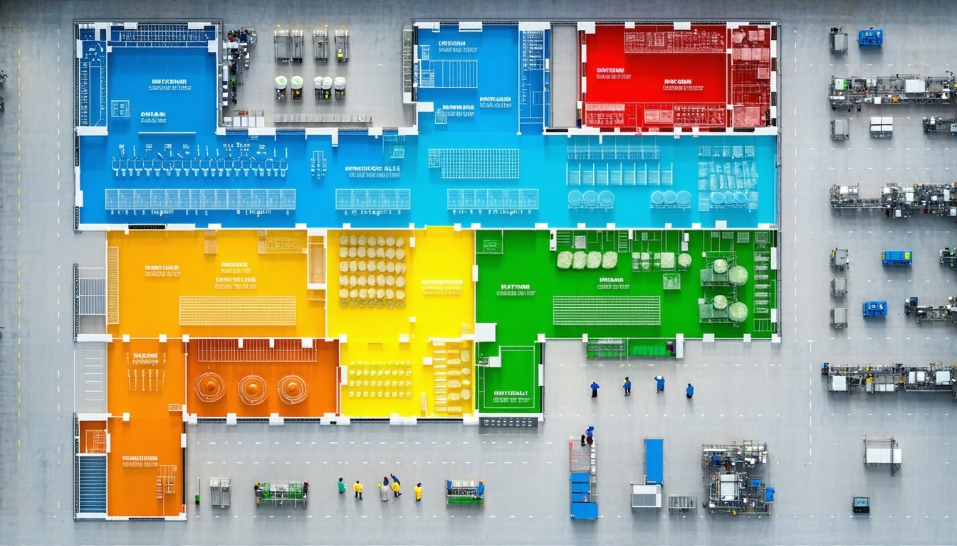 The image depicts a modern food processing facility blueprints with clearly defined sections each designated by vibrant colorcoded zones Bright blue red yellow and green areas are meticulously marked indicating specific functions such as raw material