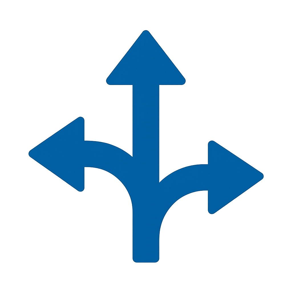 arrows pointing 3 different directions icon hex color 006DA5-1