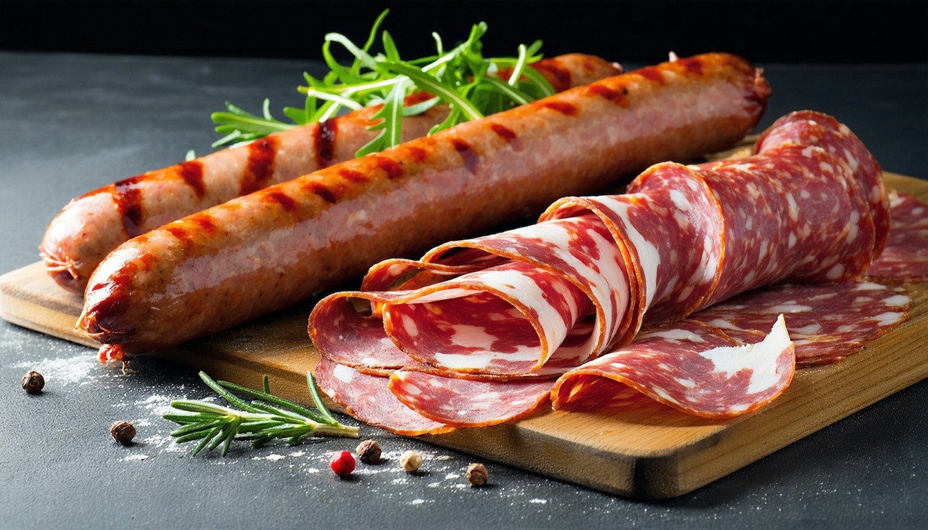 food photography of sliced deli meats with salami and bratwurst-1