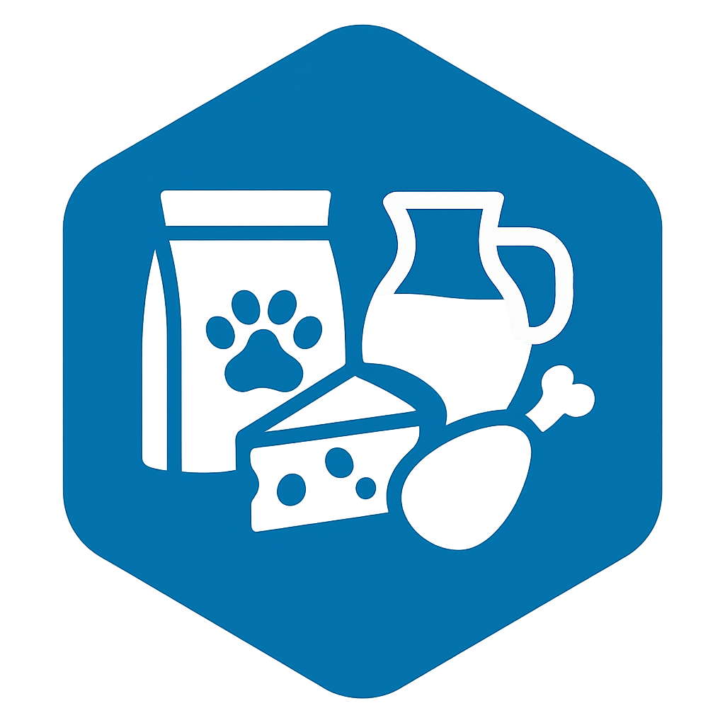 icon hex color 006DA5 including a bag of pet food milk jug cheese and a chicken leg